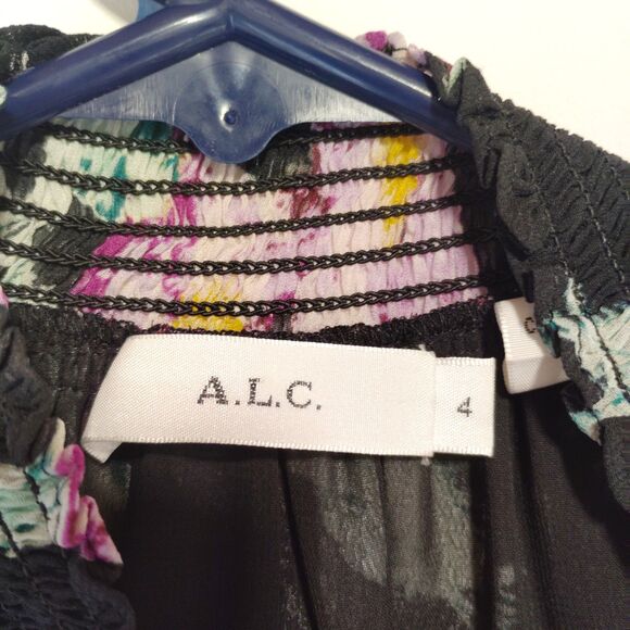 ALC Top Womens 4 Black Pink Multi Floral Silk Venetia Sheer Sleeve Boho Fairy - Picture 7 of 10